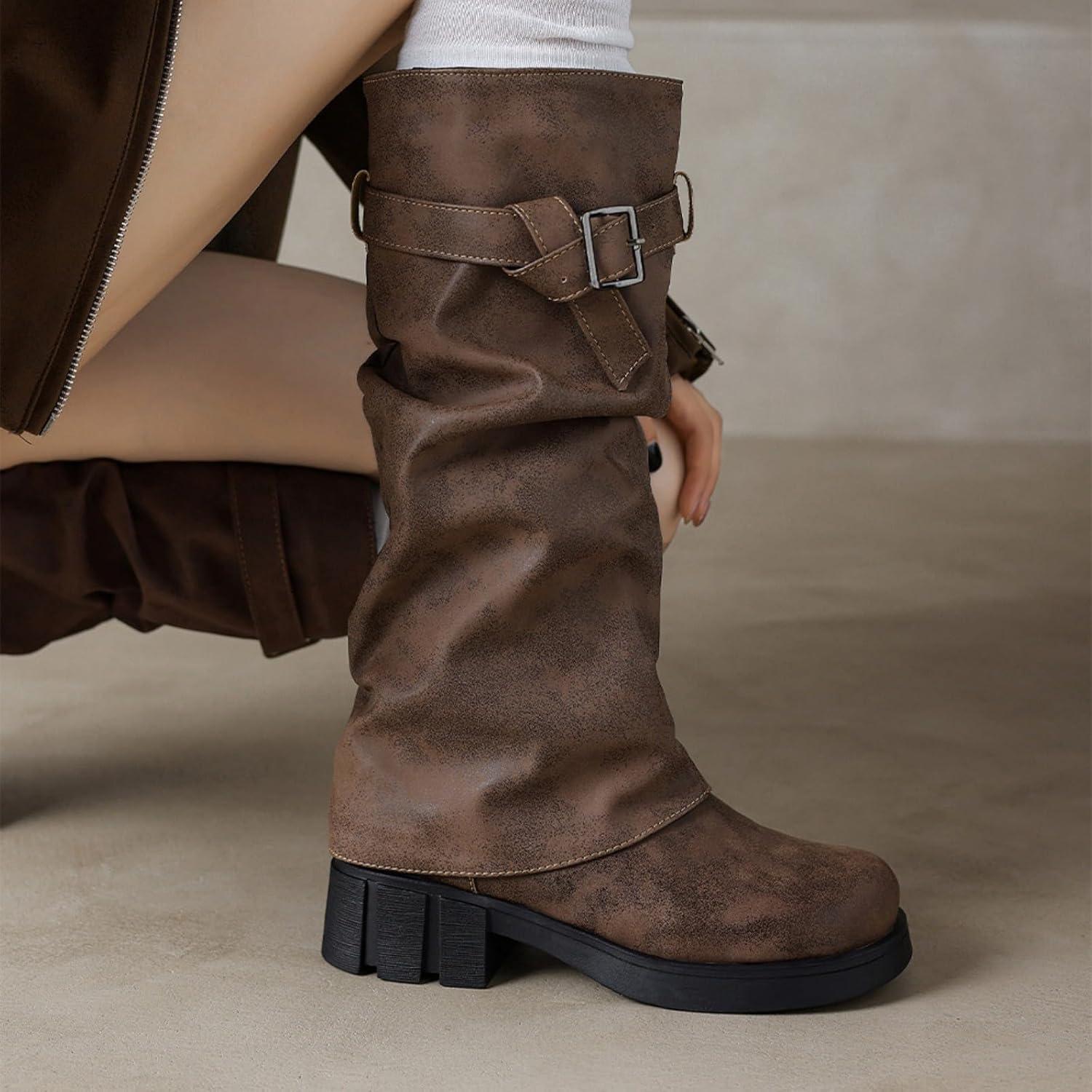 image:imageBottines Western Pour Hommes Boucle Sangle Bottes Rtro Cuir Bout Carr Cowboy Bottes Courtes Cowboy Moto Santiag Bottine Femme Santiag Homme Bottine Homme Bottines Cuir Boots Boots FemmeBrown