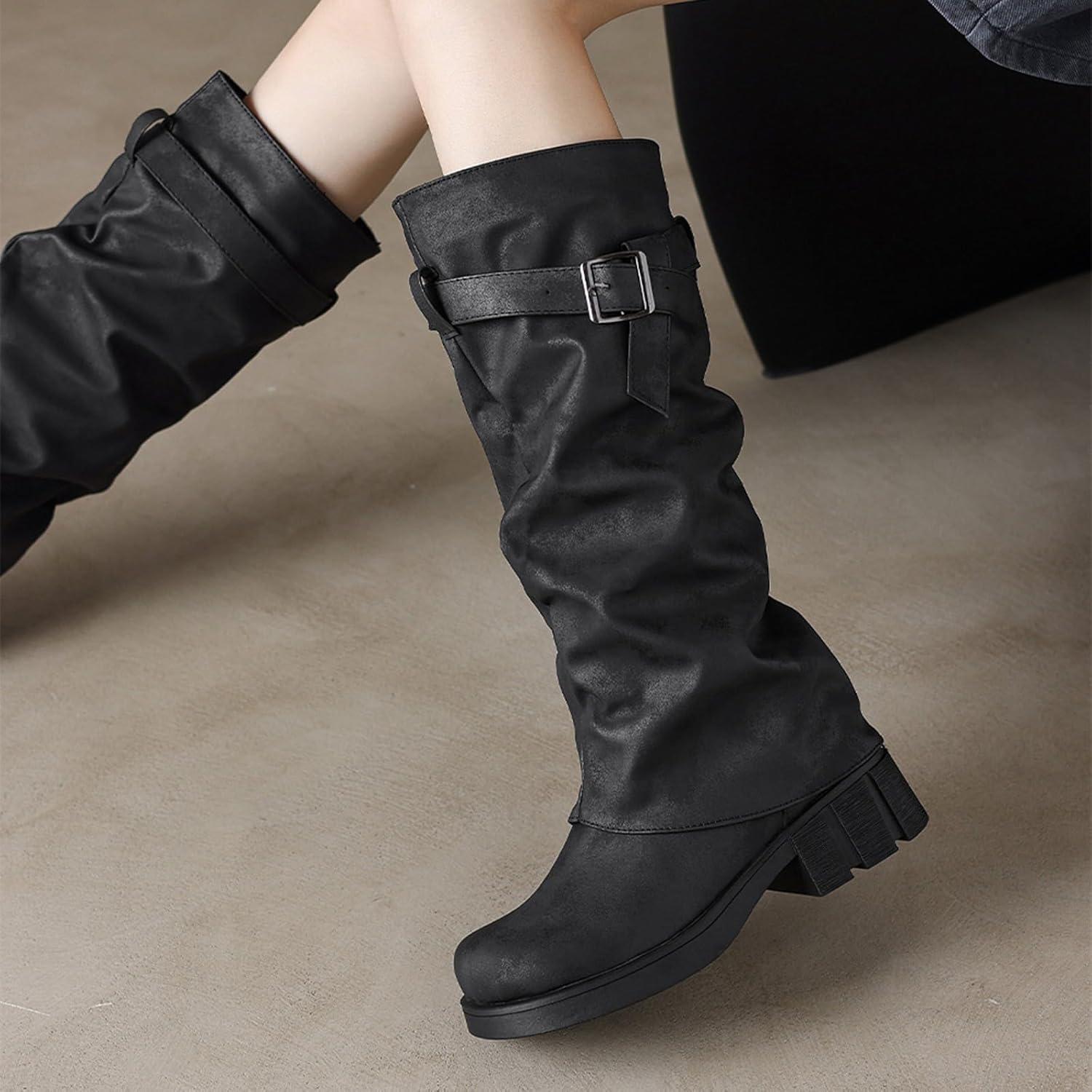 image:imageBottines Western Pour Hommes Boucle Sangle Bottes Rtro Cuir Bout Carr Cowboy Bottes Courtes Cowboy Moto Santiag Bottine Femme Santiag Homme Bottine Homme Bottines Cuir Boots Boots FemmeNoir