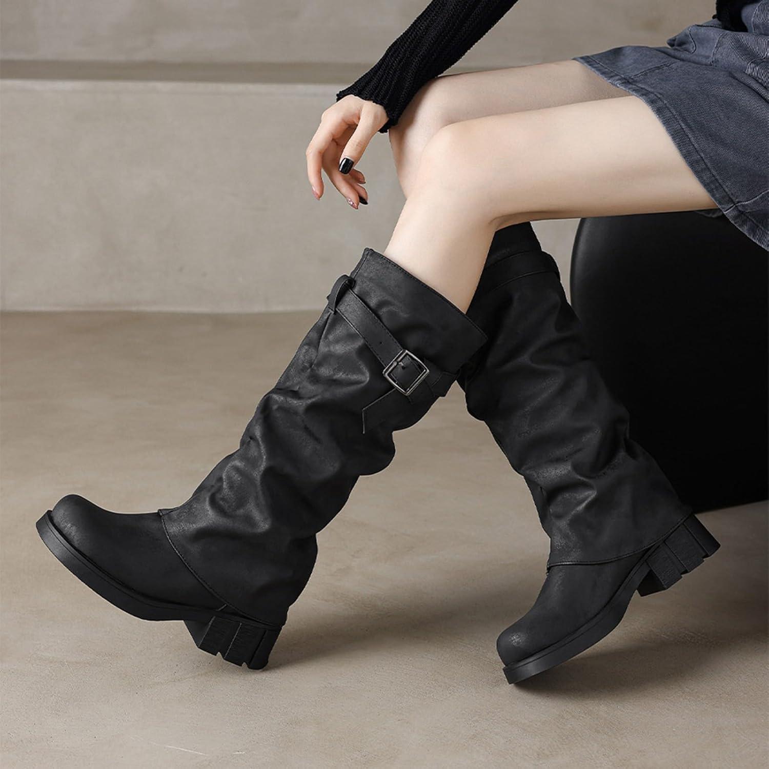 image:imageBottines Western Pour Hommes Boucle Sangle Bottes Rtro Cuir Bout Carr Cowboy Bottes Courtes Cowboy Moto Santiag Bottine Femme Santiag Homme Bottine Homme Bottines Cuir Boots Boots FemmeNoir