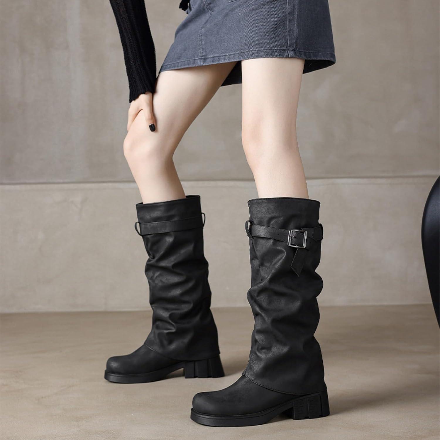 image:imageBottines Western Pour Hommes Boucle Sangle Bottes Rtro Cuir Bout Carr Cowboy Bottes Courtes Cowboy Moto Santiag Bottine Femme Santiag Homme Bottine Homme Bottines Cuir Boots Boots FemmeNoir