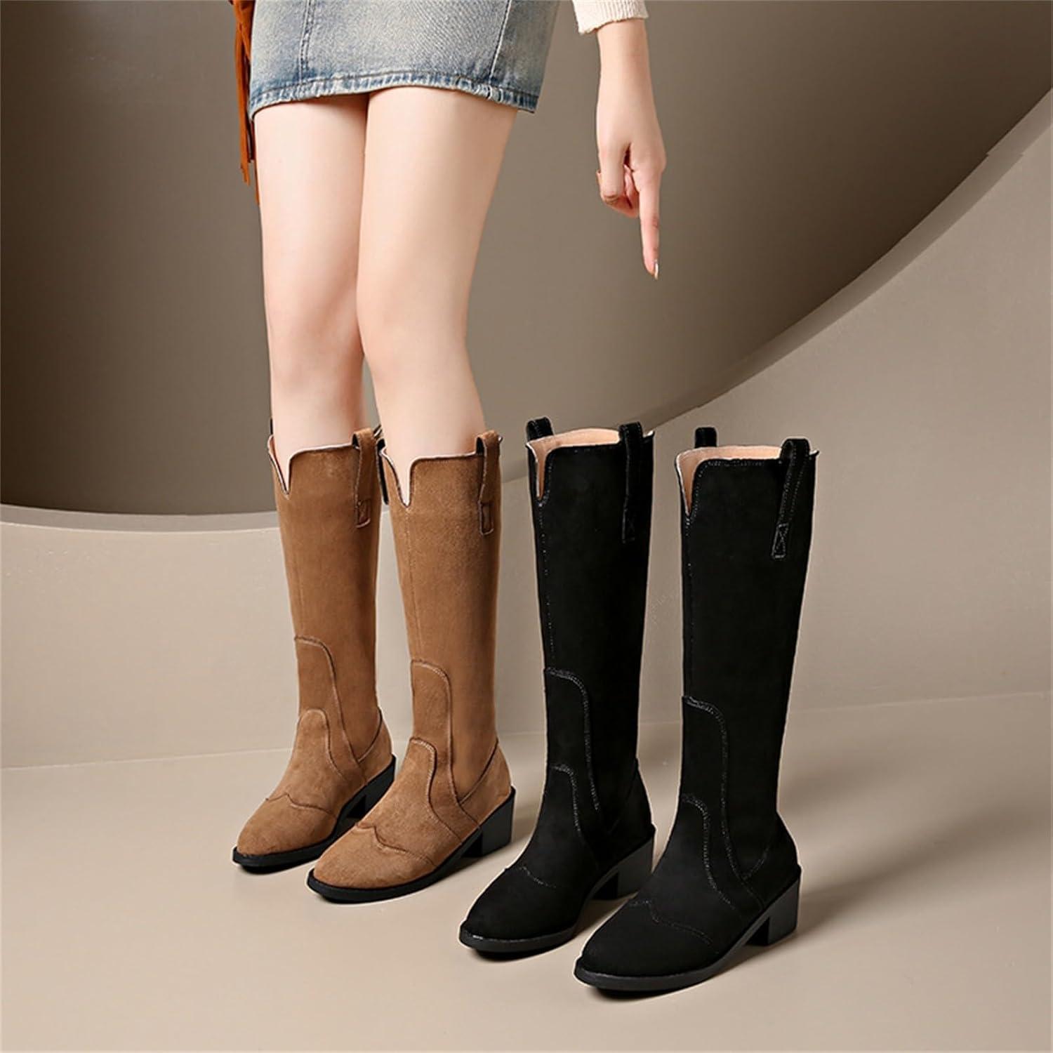 image:imageBottines de cowboy pour femme en daim Bottes dquitation Western Bottes basses avec talon bloc Bout pointu Bottes longues Bottes dhiver mihautes enfiler AntidrapantesNoir