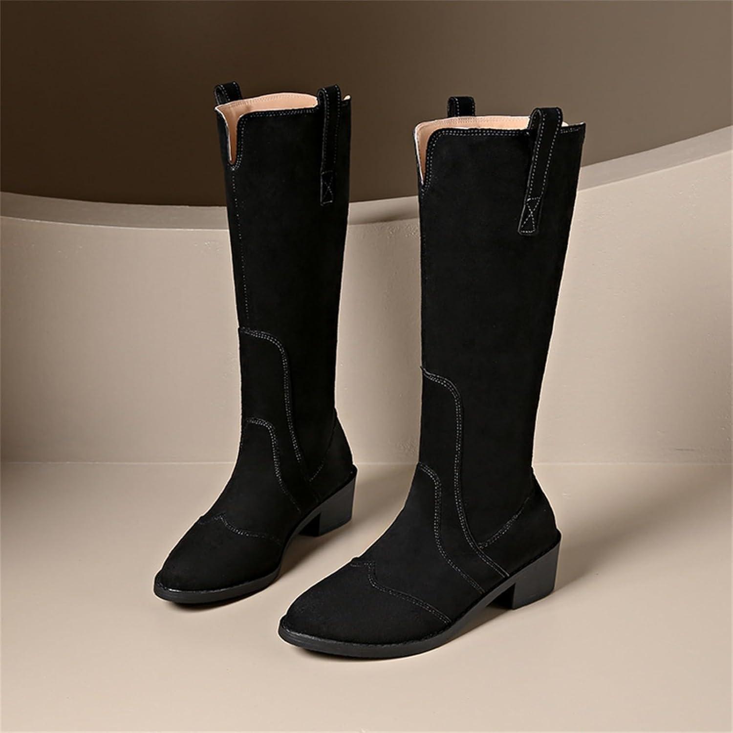 image:imageBottines de cowboy pour femme en daim Bottes dquitation Western Bottes basses avec talon bloc Bout pointu Bottes longues Bottes dhiver mihautes enfiler AntidrapantesNoir