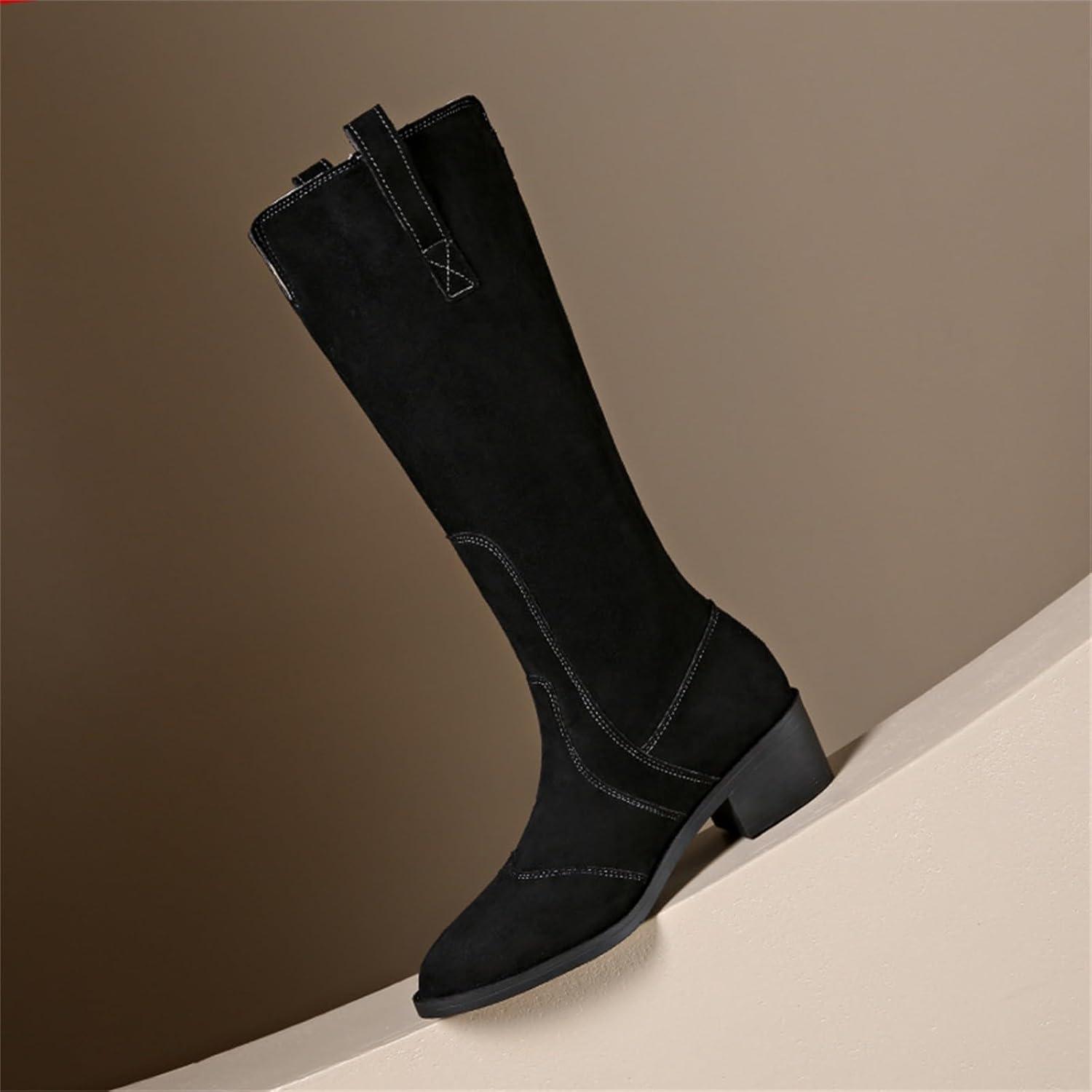 image:imageBottines de cowboy pour femme en daim Bottes dquitation Western Bottes basses avec talon bloc Bout pointu Bottes longues Bottes dhiver mihautes enfiler AntidrapantesNoir