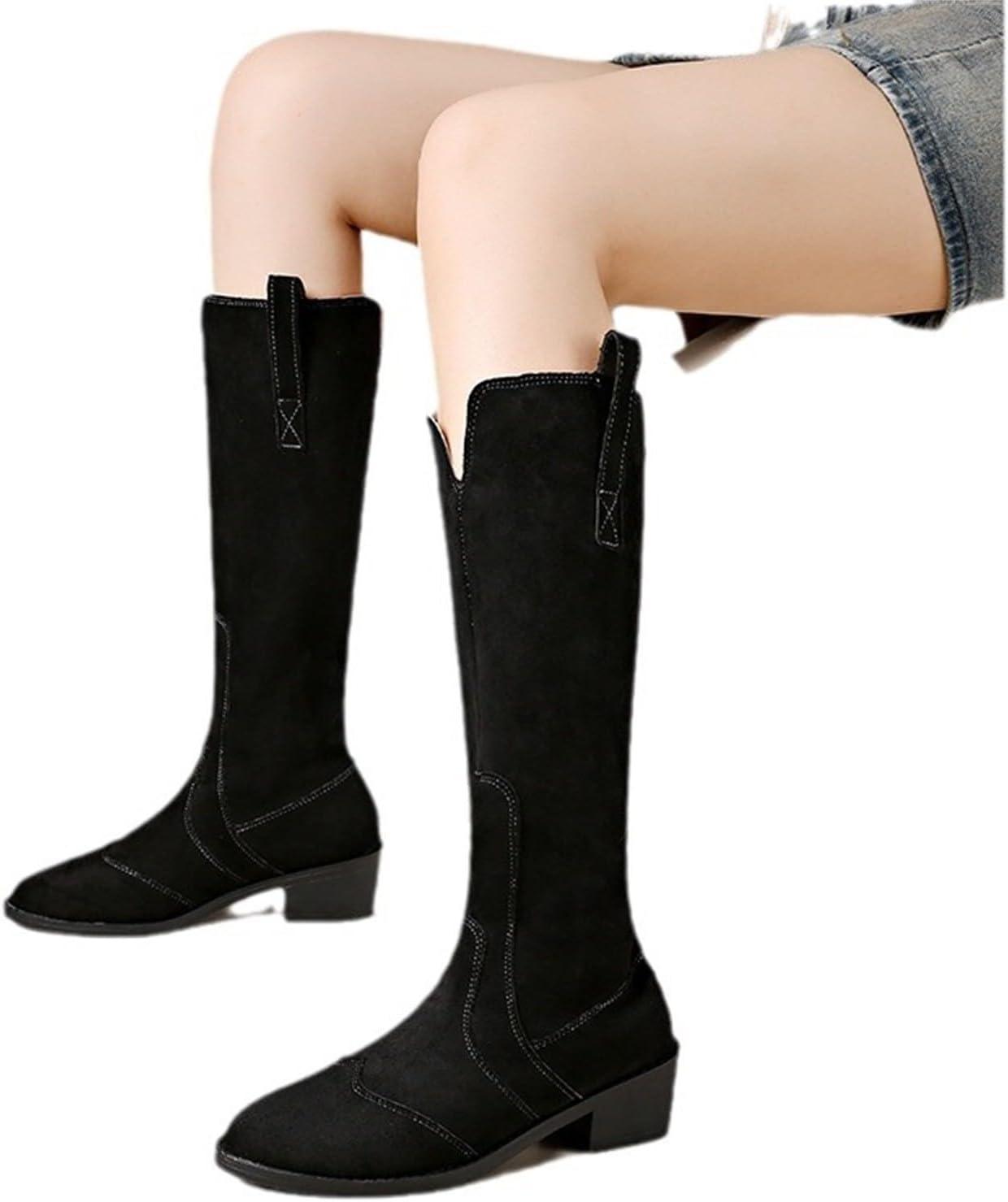 image:imageBottines de cowboy pour femme en daim Bottes dquitation Western Bottes basses avec talon bloc Bout pointu Bottes longues Bottes dhiver mihautes enfiler AntidrapantesNoir