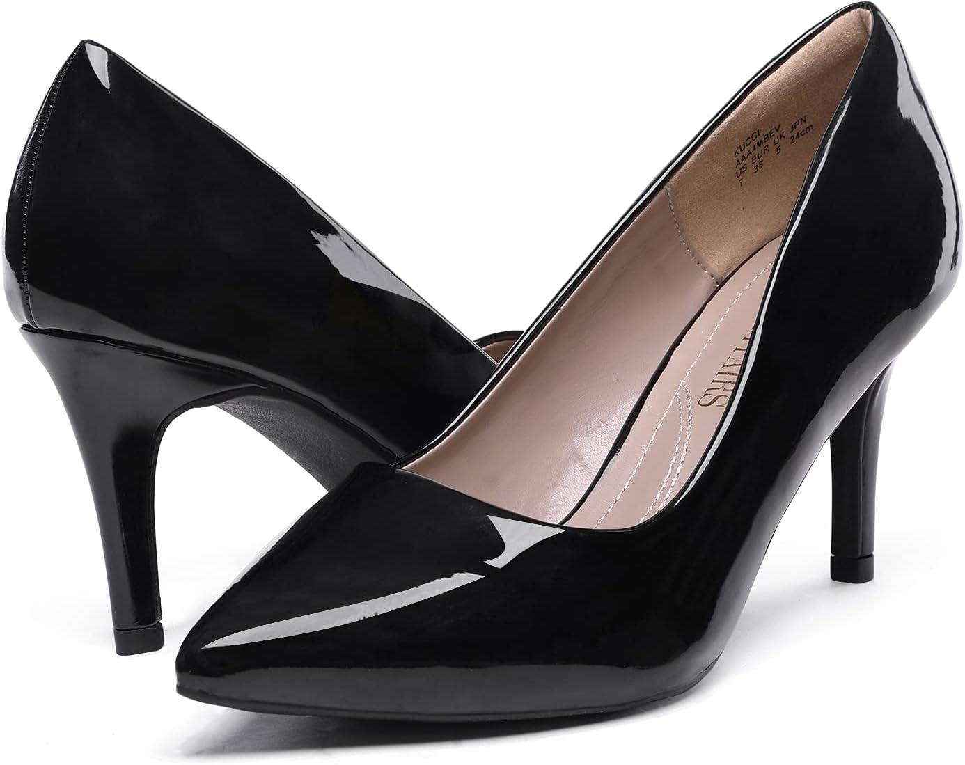 image:imageDREAM PAIRS Escarpins Femme Talon Haut 75cm Pointu Stiletto lgants Enfiler Confortables Mode Urbain Chic pour Bureau Soire et QuotidienNoir Pat