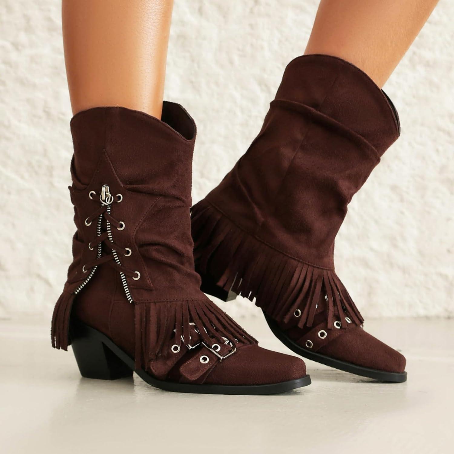 image:imageENEN Santiag Femme Cuir Western Taille 3439 Santiag Femme Gros Mollet Bottes Cowboy Talon Haut avec Fermeture clair Bottes Western Country pour Trekking0910 Kaki