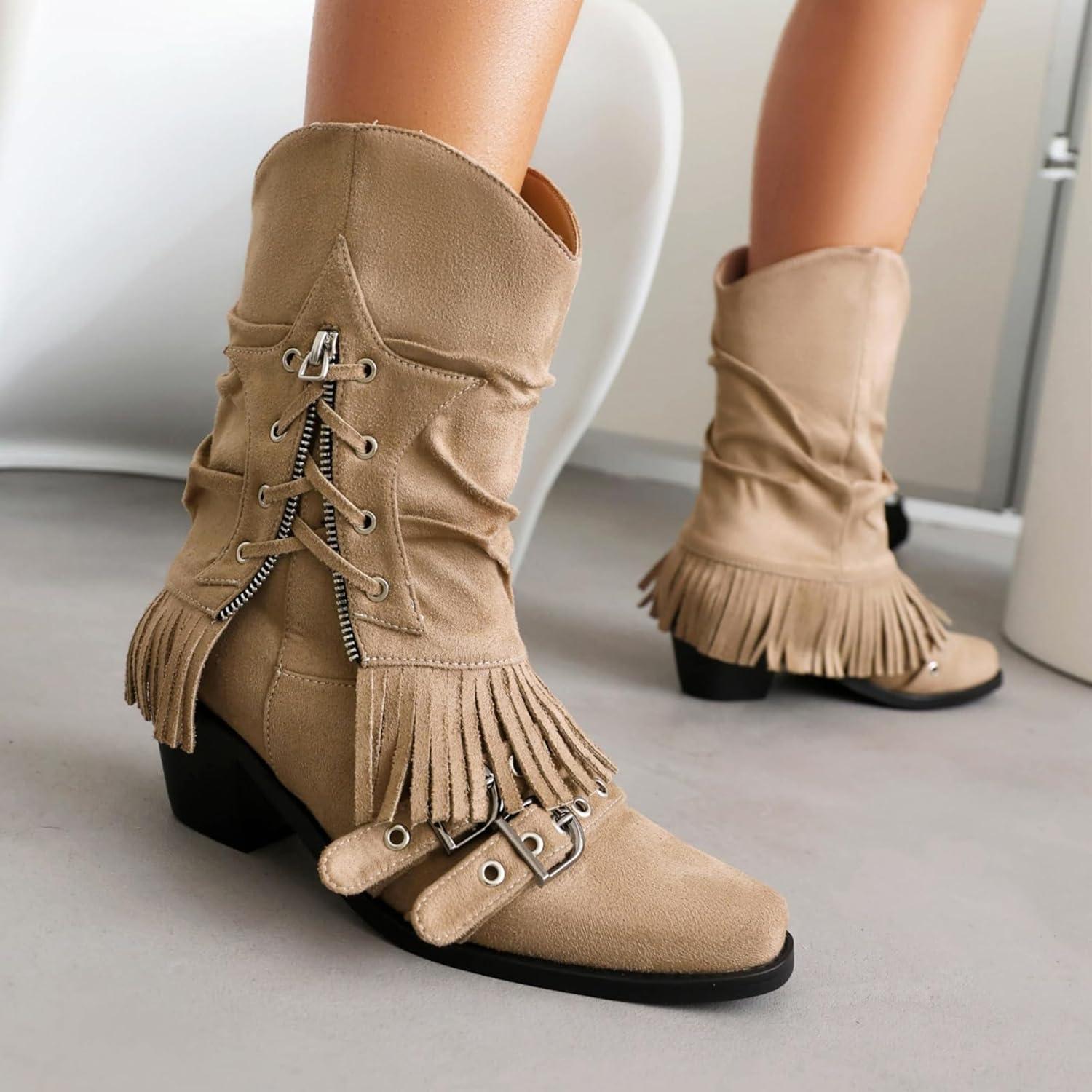 image:imageENEN Santiag Femme Cuir Western Taille 3439 Santiag Femme Gros Mollet Bottes Cowboy Talon Haut avec Fermeture clair Bottes Western Country pour Trekking0910 Kaki