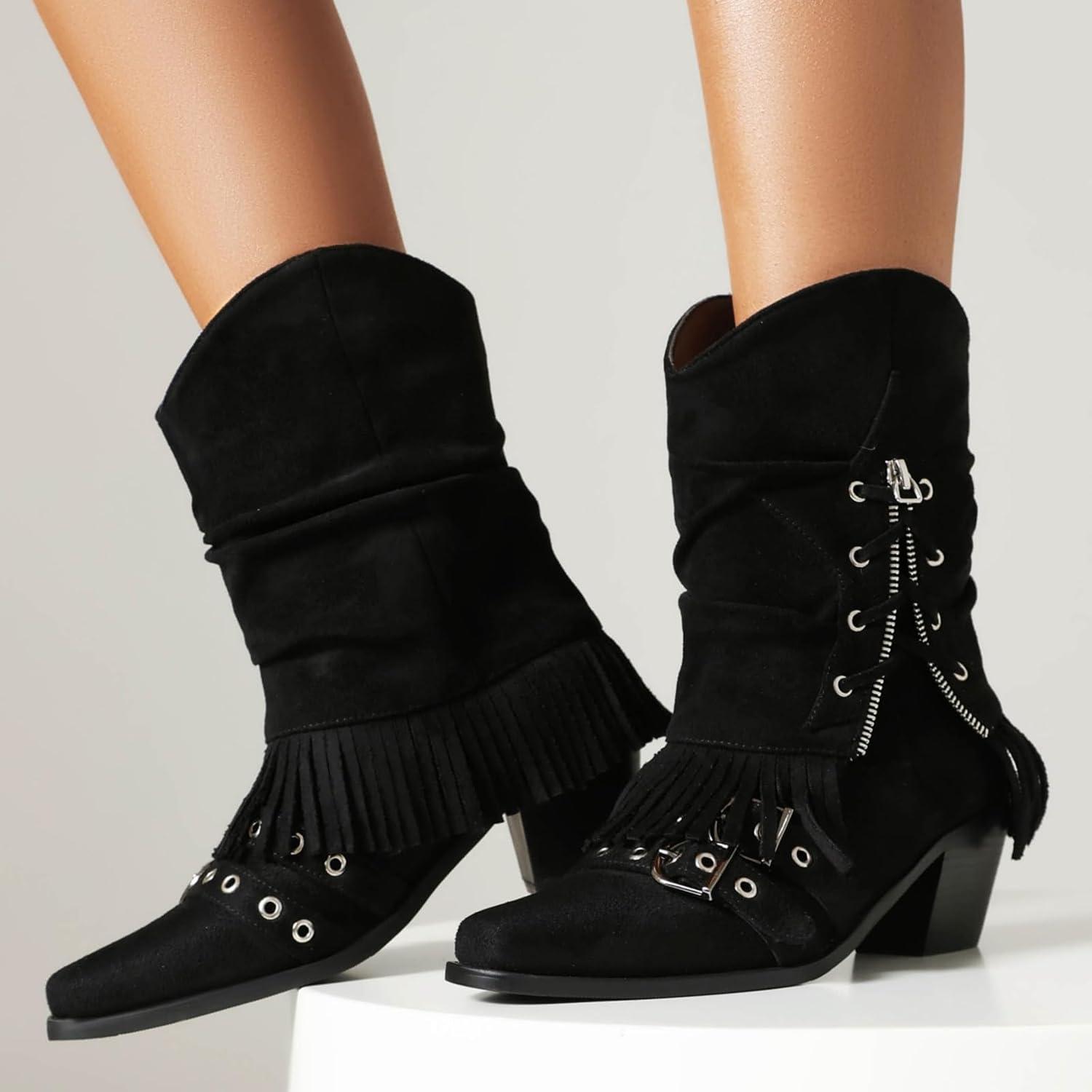 image:imageENEN Santiag Femme Cuir Western Taille 3439 Santiag Femme Gros Mollet Bottes Cowboy Talon Haut avec Fermeture clair Bottes Western Country pour Trekking0910 Noir