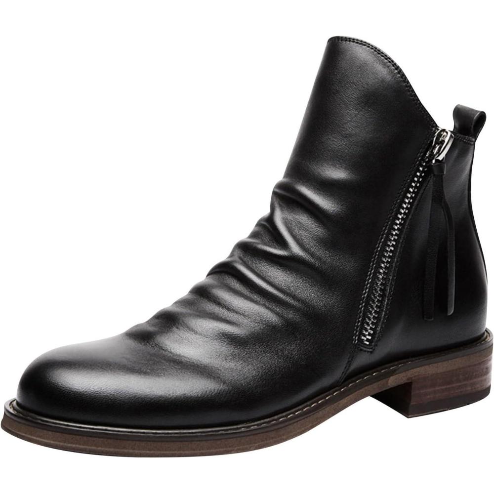 image:imageAnkle Boots Bottes mihautes pour femme Marron Bottines dautomne en cuir Bottes de cowboy marron Bottes dhiver larges mihautesNoir