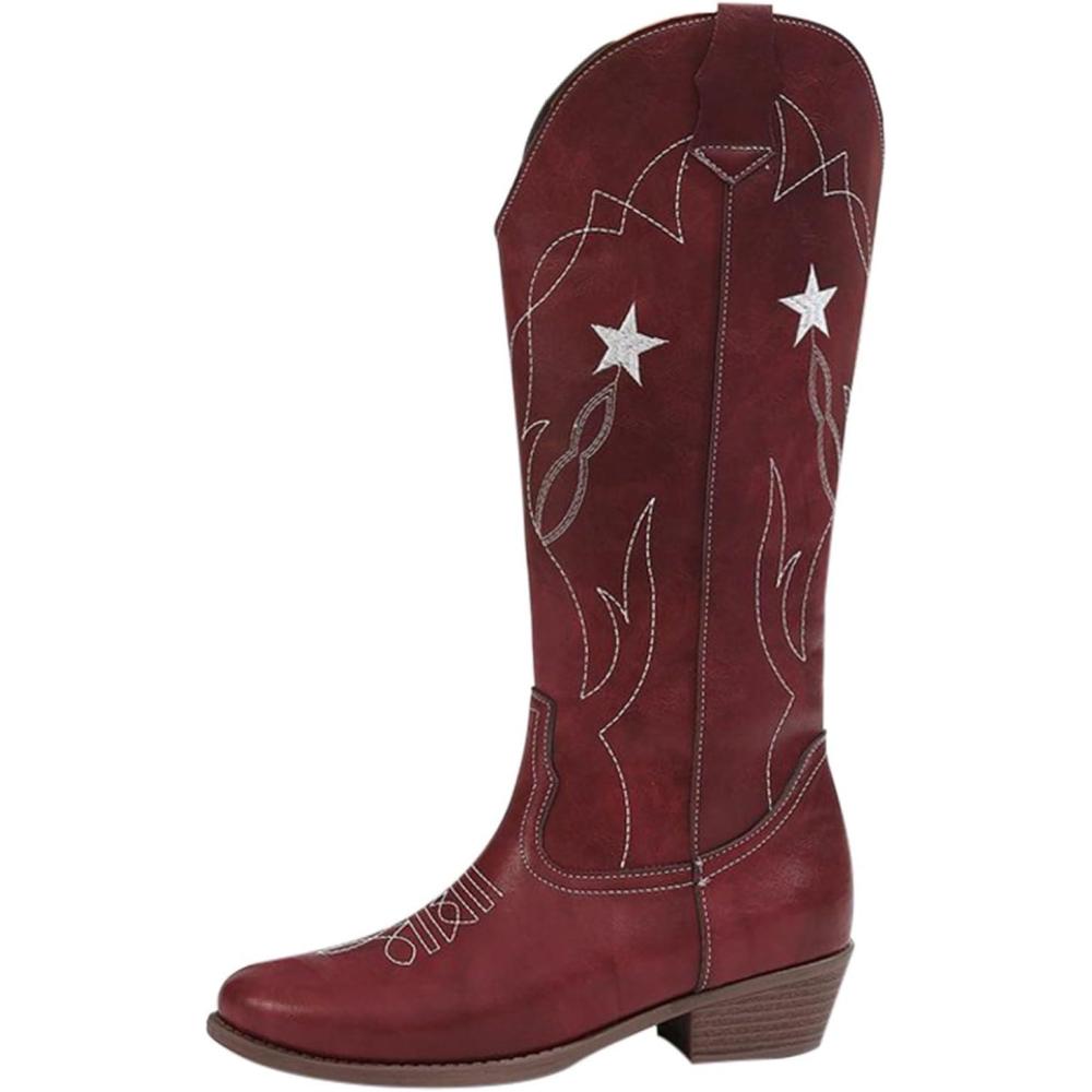 image:imageBottes western en cuir pour femme Bottes de cowboy pour femme Tige haute et large Bottes enfiler Vintage Bottes dquitation Bottes de transition En cuir synthtique Bottes longuesBordeaux