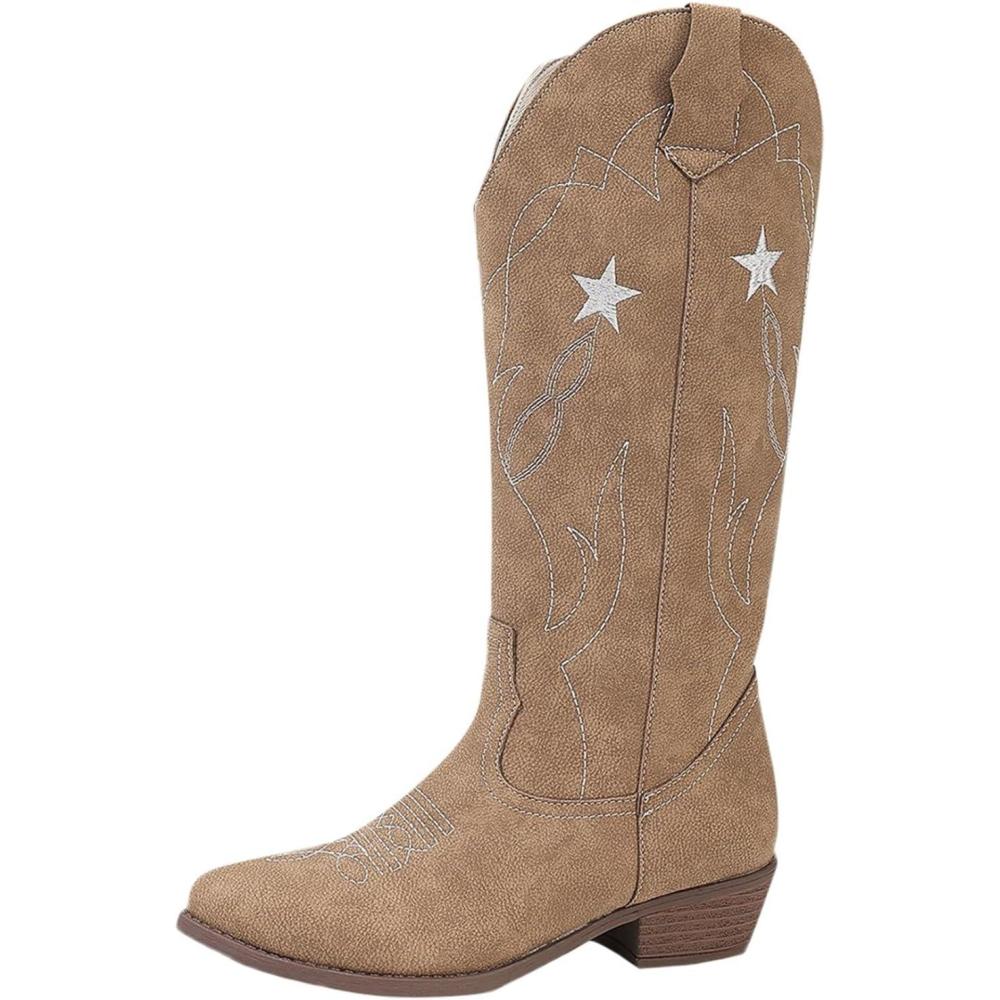 image:imageBottes western en cuir pour femme Bottes de cowboy pour femme Tige haute et large Bottes enfiler Vintage Bottes dquitation Bottes de transition En cuir synthtique Bottes longuesKaki