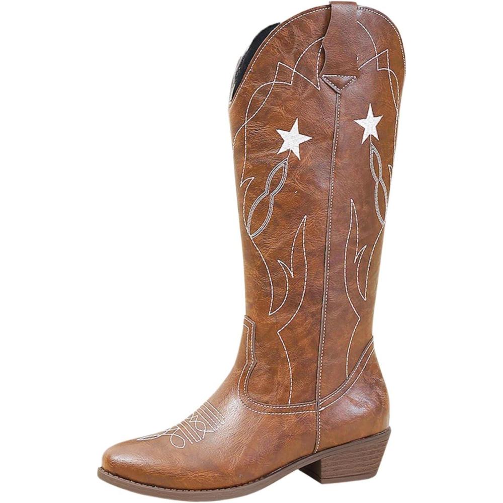 image:imageBottes western en cuir pour femme Bottes de cowboy pour femme Tige haute et large Bottes enfiler Vintage Bottes dquitation Bottes de transition En cuir synthtique Bottes longuesMarron