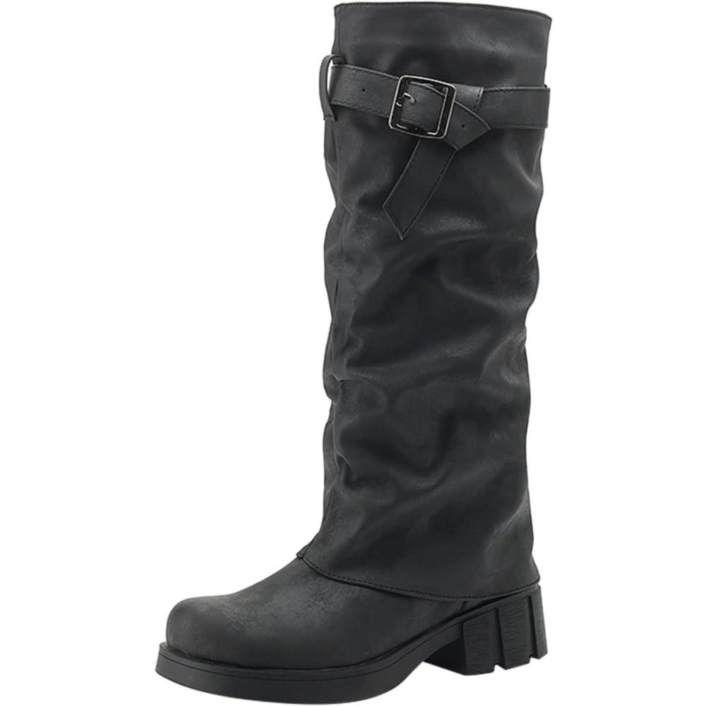 image:imageBottines Western Pour Hommes Boucle Sangle Bottes Rtro Cuir Bout Carr Cowboy Bottes Courtes Cowboy Moto Santiag Bottine Femme Santiag Homme Bottine Homme Bottines Cuir Boots Boots FemmeNoir