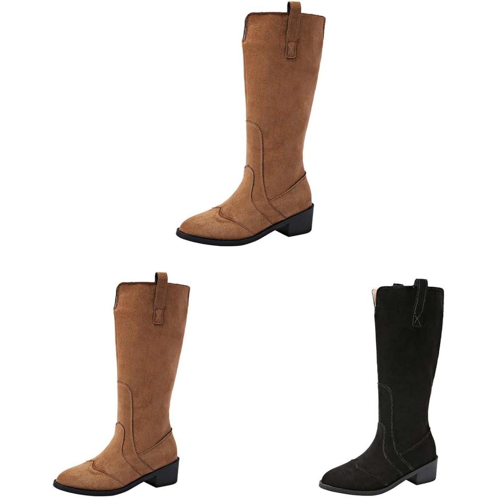 image:imageBottines de cowboy pour femme en daim Bottes dquitation Western Bottes basses avec talon bloc Bout pointu Bottes longues Bottes dhiver mihautes enfiler AntidrapantesMarron