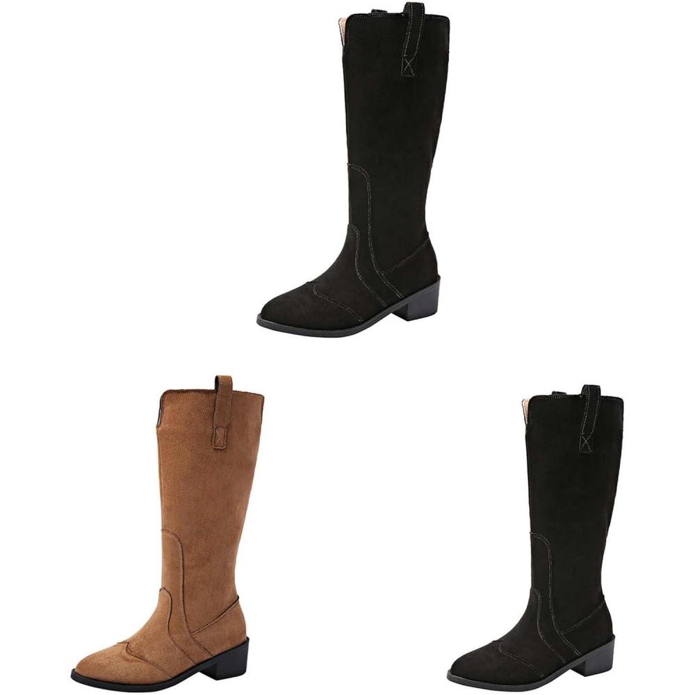 image:imageBottines de cowboy pour femme en daim Bottes dquitation Western Bottes basses avec talon bloc Bout pointu Bottes longues Bottes dhiver mihautes enfiler AntidrapantesNoir