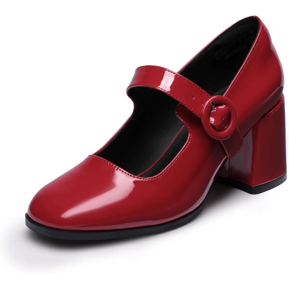 image:imageDream Pairs Escarpins pour Femme Plateforme paisse Mary Janes Boucle Appartements Bouche Plate Japonais Mignon Chaussures de Princesse LolitaRouge