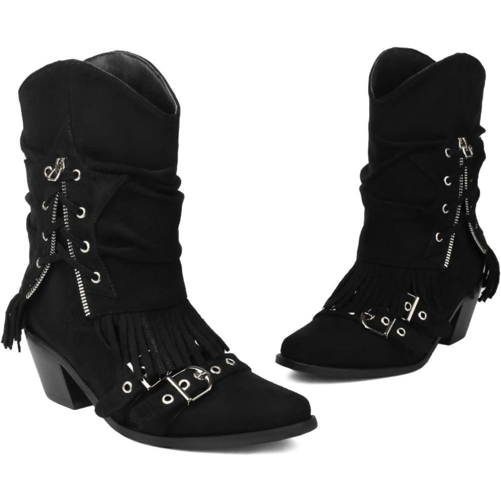 image:imageENEN Santiag Femme Cuir Western Taille 3439 Santiag Femme Gros Mollet Bottes Cowboy Talon Haut avec Fermeture clair Bottes Western Country pour Trekking0910 Noir