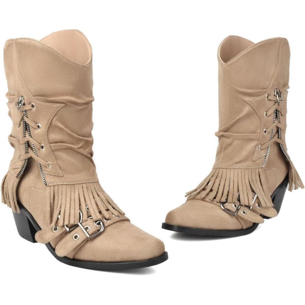 image:imageENEN Santiag Femme Cuir Western Taille 3439 Santiag Femme Gros Mollet Bottes Cowboy Talon Haut avec Fermeture clair Bottes Western Country pour Trekking0910 Kaki