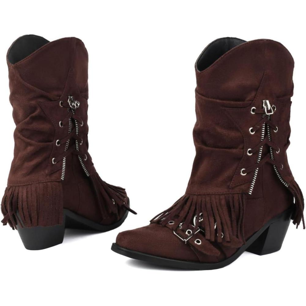 image:imageENEN Santiag Femme Cuir Western Taille 3439 Santiag Femme Gros Mollet Bottes Cowboy Talon Haut avec Fermeture clair Bottes Western Country pour Trekking0910 Marron