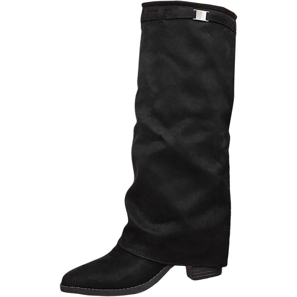 image:imageGenerisch Shark Boots Bottes hautes pour femme Bout pointu Bottes de cowboy Folding Over Bottes western Bottes enfiler Couleur unie Bottes larges confortables Bottes en cuirNoir