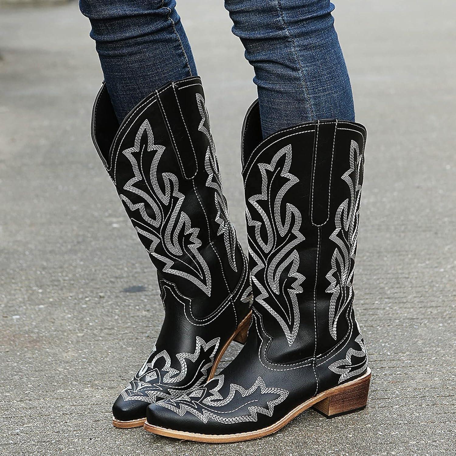 image:imageBottes de cowboy pour femme Bottes western pour femme avec talon entonnoir Bottes basses brodes Bout pointu Bottes dhiver pour femmeNoir