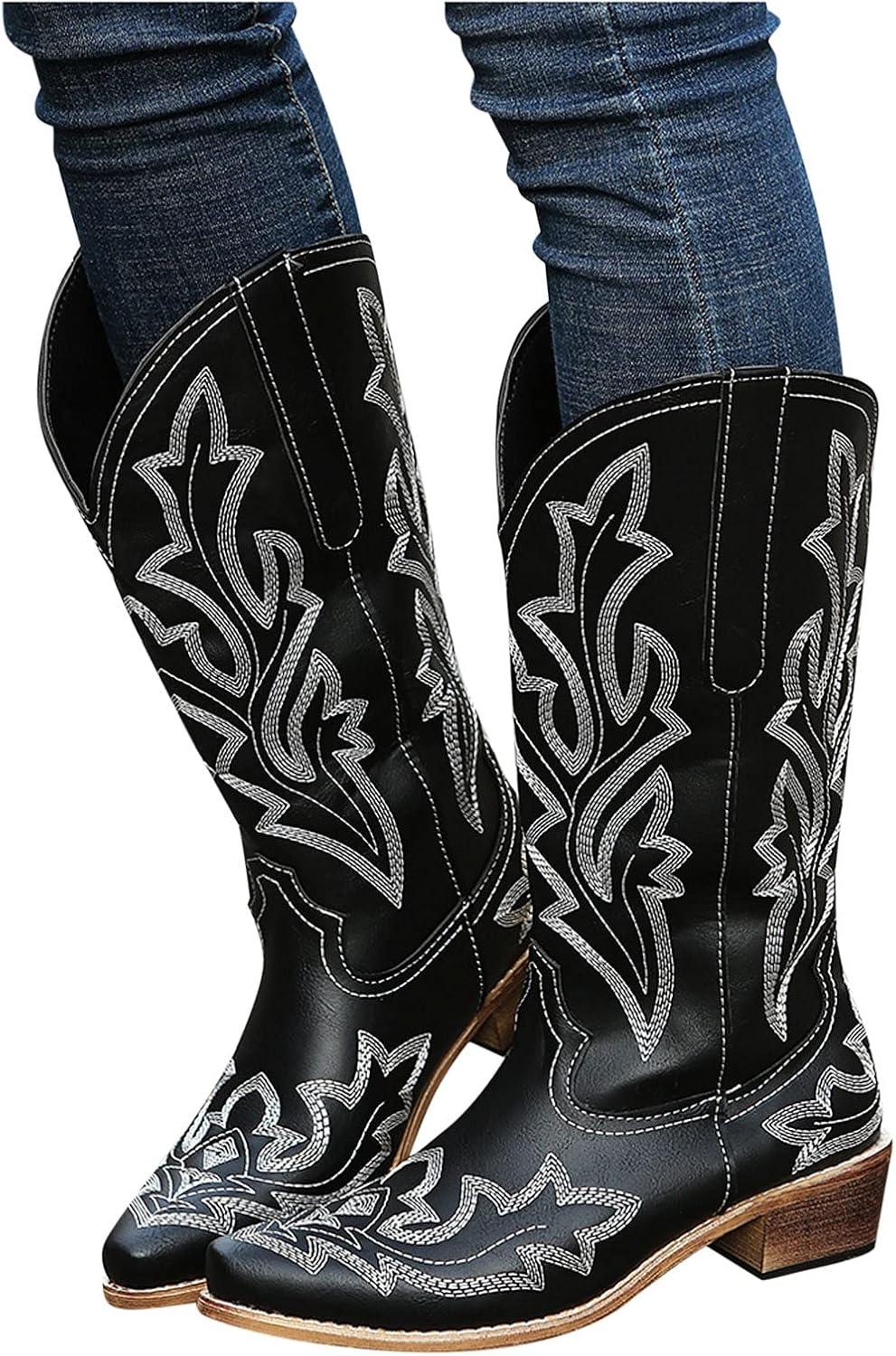 image:imageBottes de cowboy pour femme Bottes western pour femme avec talon entonnoir Bottes basses brodes Bout pointu Bottes dhiver pour femmeNoir