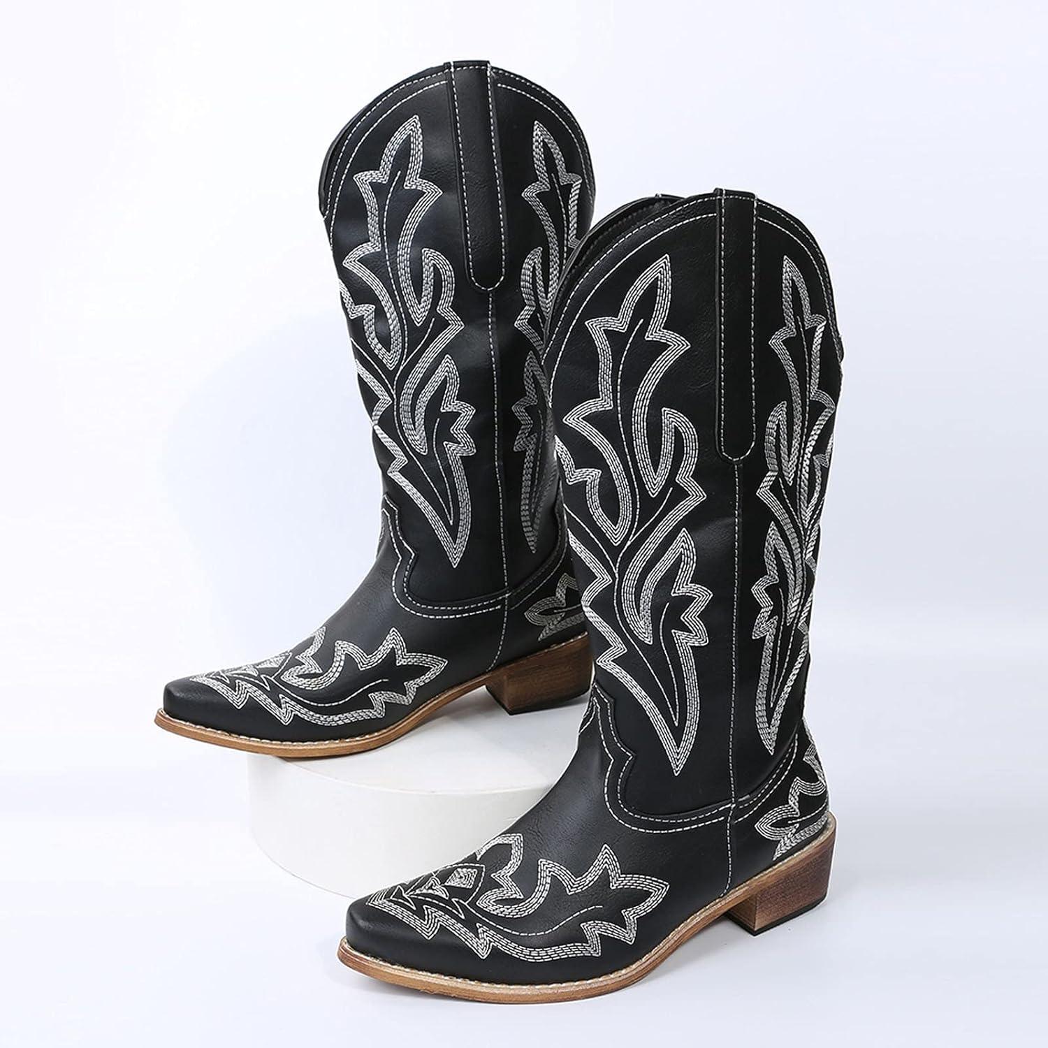 image:imageBottes de cowboy pour femme Bottes western pour femme avec talon entonnoir Bottes basses brodes Bout pointu Bottes dhiver pour femmeNoir