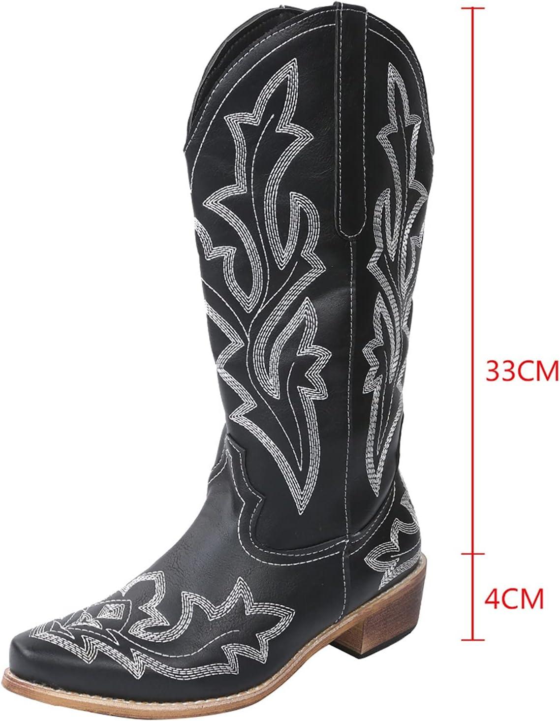 image:imageBottes de cowboy pour femme Bottes western pour femme avec talon entonnoir Bottes basses brodes Bout pointu Bottes dhiver pour femmeNoir