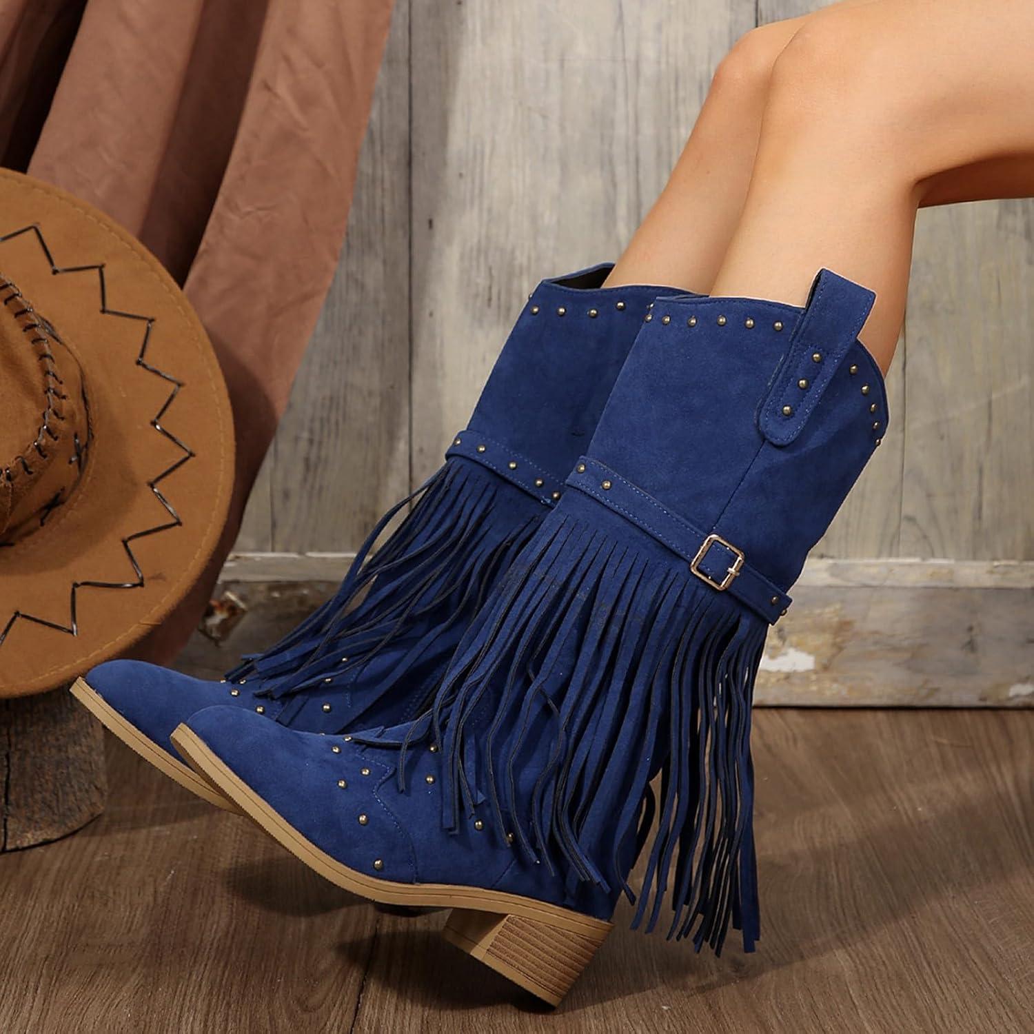 image:imageBottes de cowboy pour femme Printemps et automne Grandes tailles Bottes de cowboy avec talon bloc Bottes western en cuir pointues mdivales Bottes de moto lgantes avec boucle Bottes deBleu