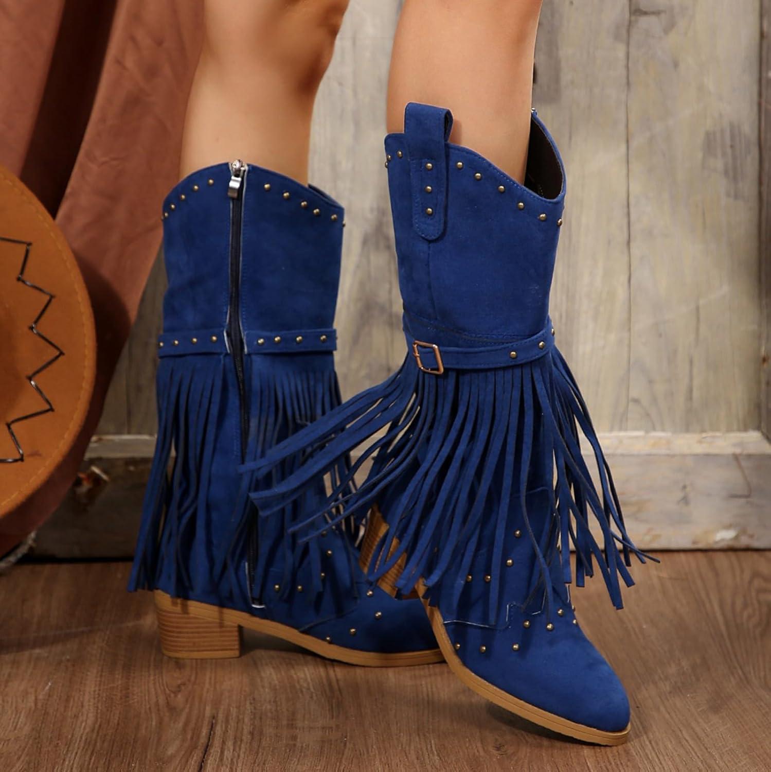 image:imageBottes de cowboy pour femme Printemps et automne Grandes tailles Bottes de cowboy avec talon bloc Bottes western en cuir pointues mdivales Bottes de moto lgantes avec boucle Bottes deBleu