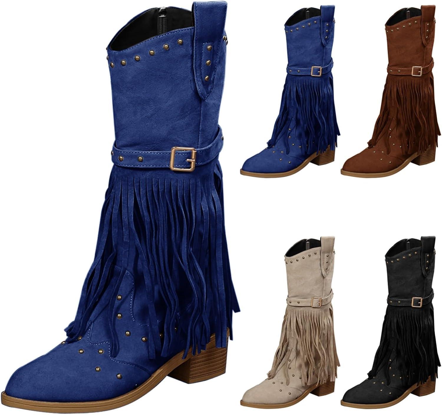 image:imageBottes de cowboy pour femme Printemps et automne Grandes tailles Bottes de cowboy avec talon bloc Bottes western en cuir pointues mdivales Bottes de moto lgantes avec boucle Bottes deBleu