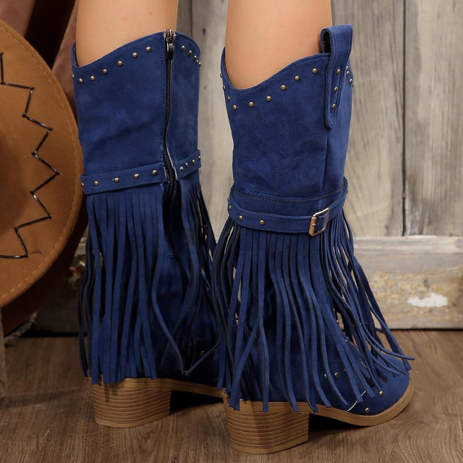image:imageBottes de cowboy pour femme Printemps et automne Grandes tailles Bottes de cowboy avec talon bloc Bottes western en cuir pointues mdivales Bottes de moto lgantes avec boucle Bottes deBleu