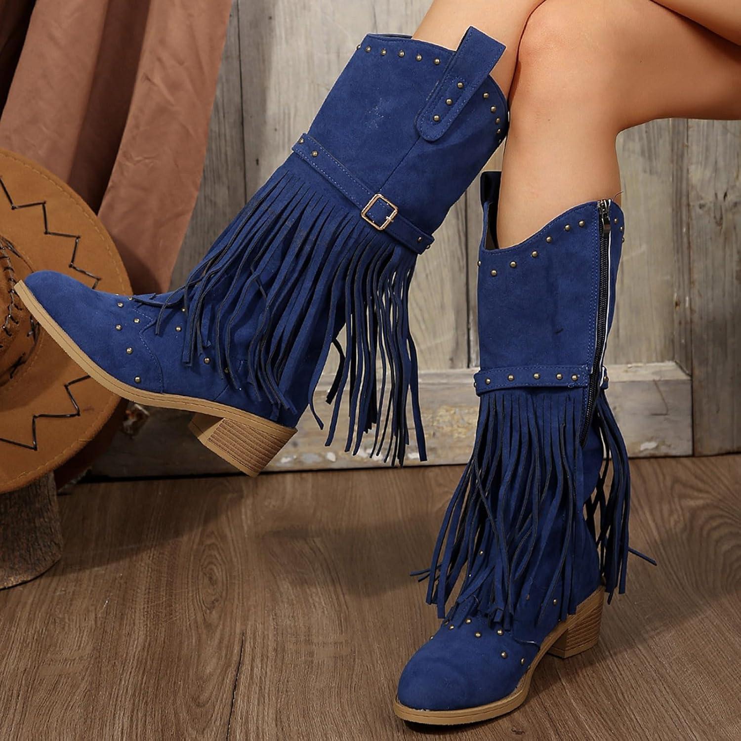 image:imageBottes de cowboy pour femme Printemps et automne Grandes tailles Bottes de cowboy avec talon bloc Bottes western en cuir pointues mdivales Bottes de moto lgantes avec boucle Bottes deBleu