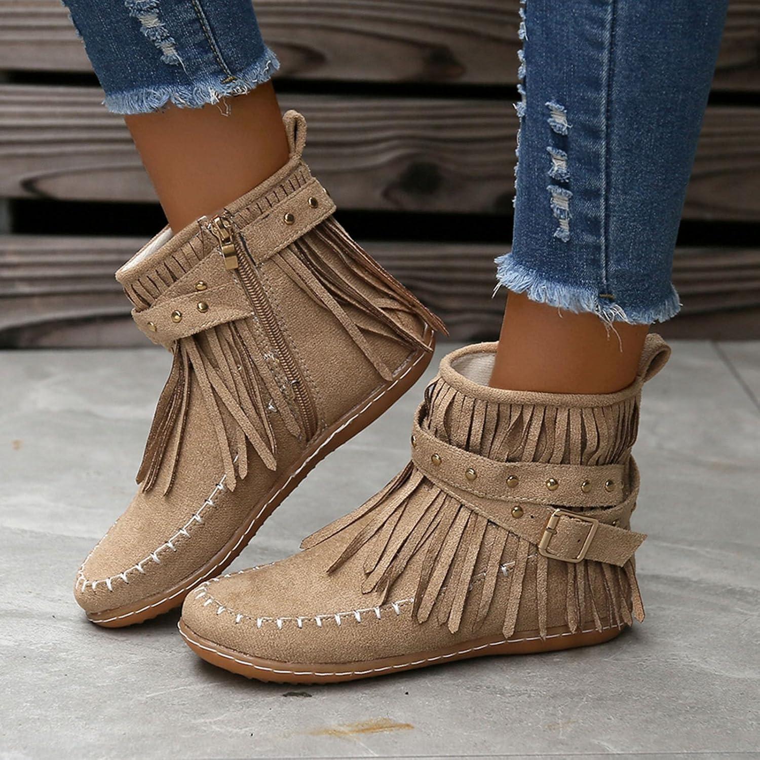 image:imageBottines dcontractes pour femme Style uni Avec franges Confortables Plates Cylindriques Rondes Grande taille Bottes western Bottines pour homme Noir JackBeige