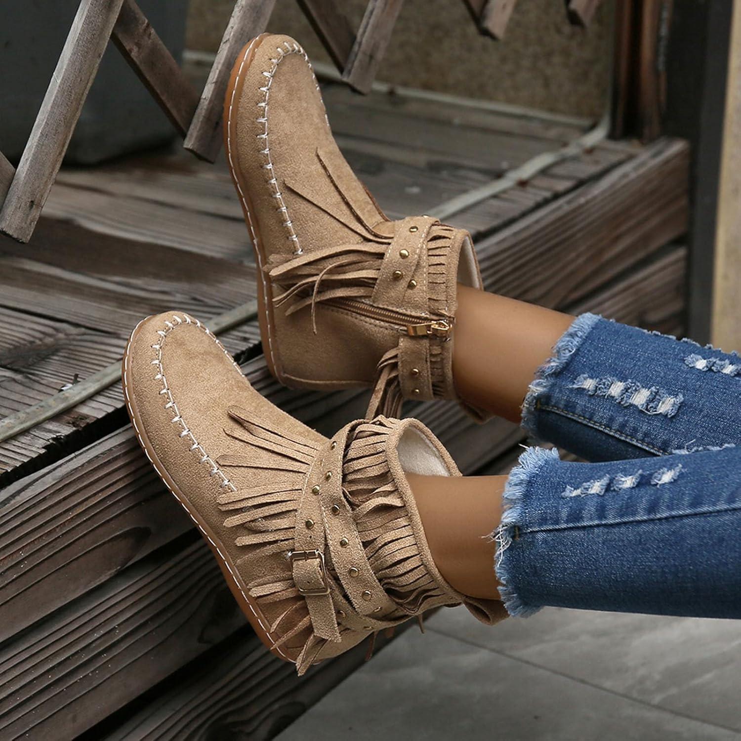 image:imageBottines dcontractes pour femme Style uni Avec franges Confortables Plates Cylindriques Rondes Grande taille Bottes western Bottines pour homme Noir JackBeige
