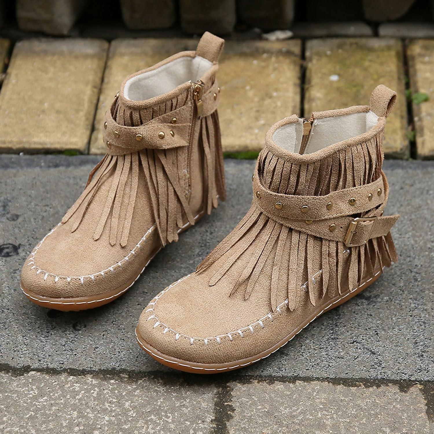 image:imageBottines dcontractes pour femme Style uni Avec franges Confortables Plates Cylindriques Rondes Grande taille Bottes western Bottines pour homme Noir JackBeige