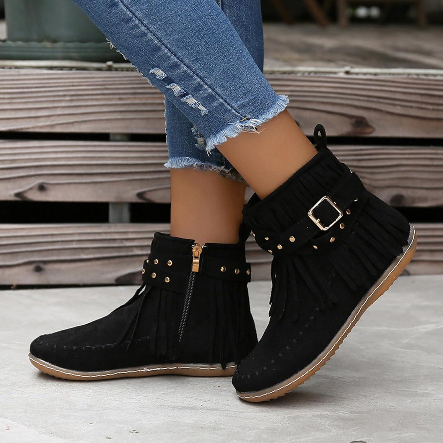 image:imageBottines dcontractes pour femme Style uni Avec franges Confortables Plates Cylindriques Rondes Grande taille Bottes western Bottines pour homme Noir JackNoir