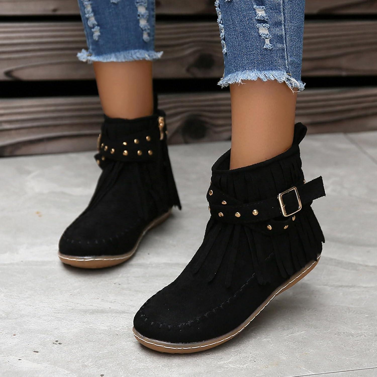 image:imageBottines dcontractes pour femme Style uni Avec franges Confortables Plates Cylindriques Rondes Grande taille Bottes western Bottines pour homme Noir JackNoir