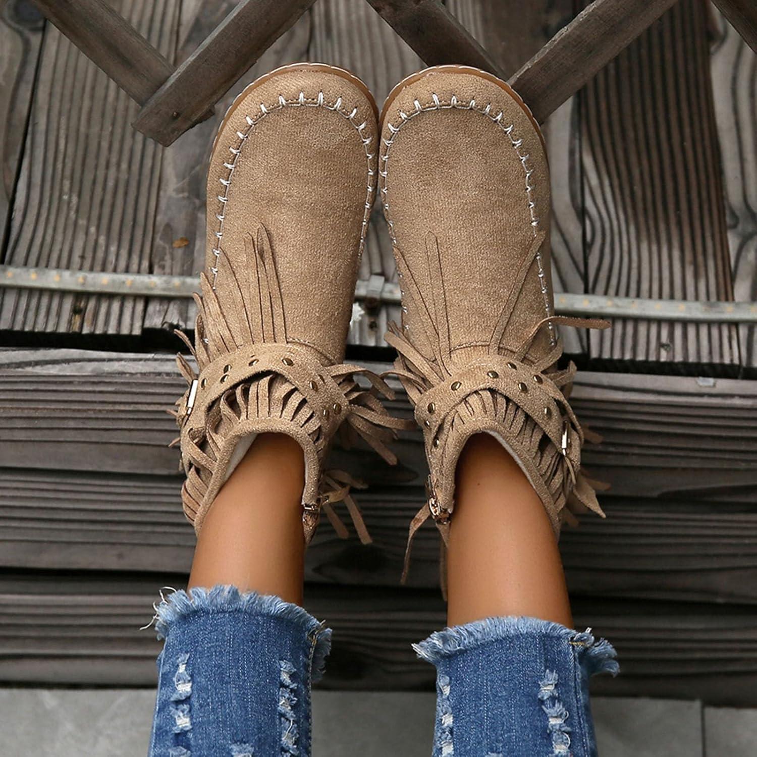 image:imageBottines dcontractes pour femme Style uni Avec franges Confortables Plates Cylindriques Rondes Grande taille Bottes western Bottines pour homme Noir JackBeige