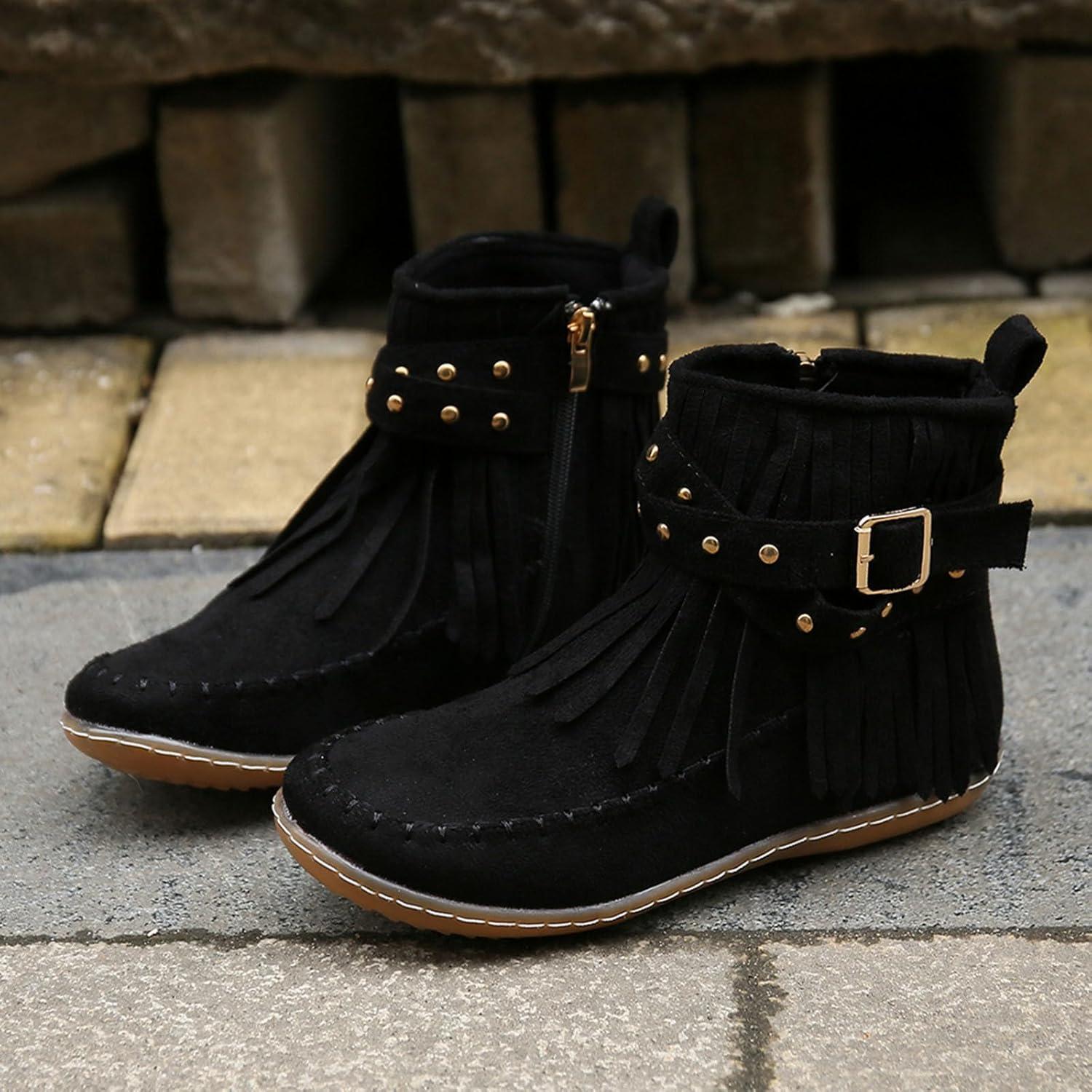 image:imageBottines dcontractes pour femme Style uni Avec franges Confortables Plates Cylindriques Rondes Grande taille Bottes western Bottines pour homme Noir JackNoir