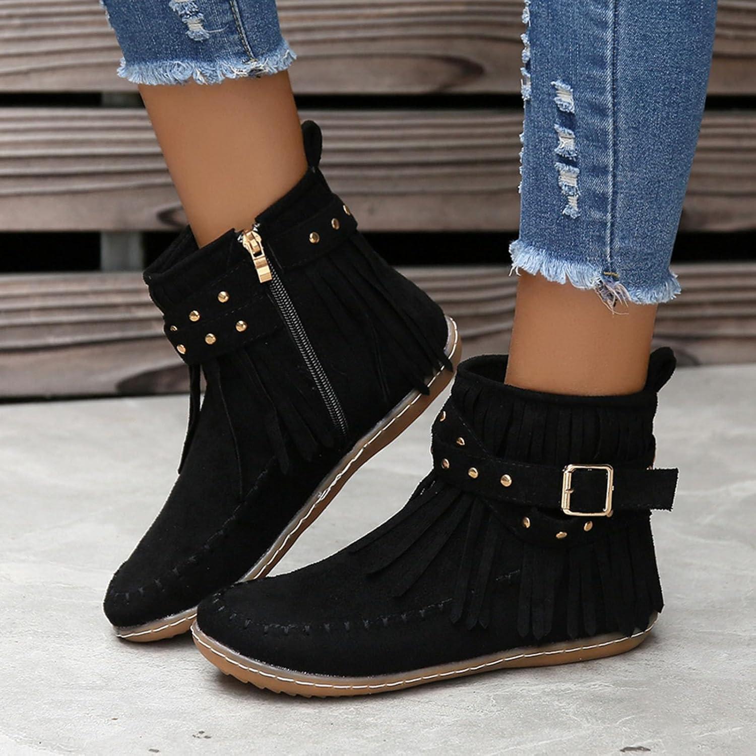 image:imageBottines dcontractes pour femme Style uni Avec franges Confortables Plates Cylindriques Rondes Grande taille Bottes western Bottines pour homme Noir JackNoir