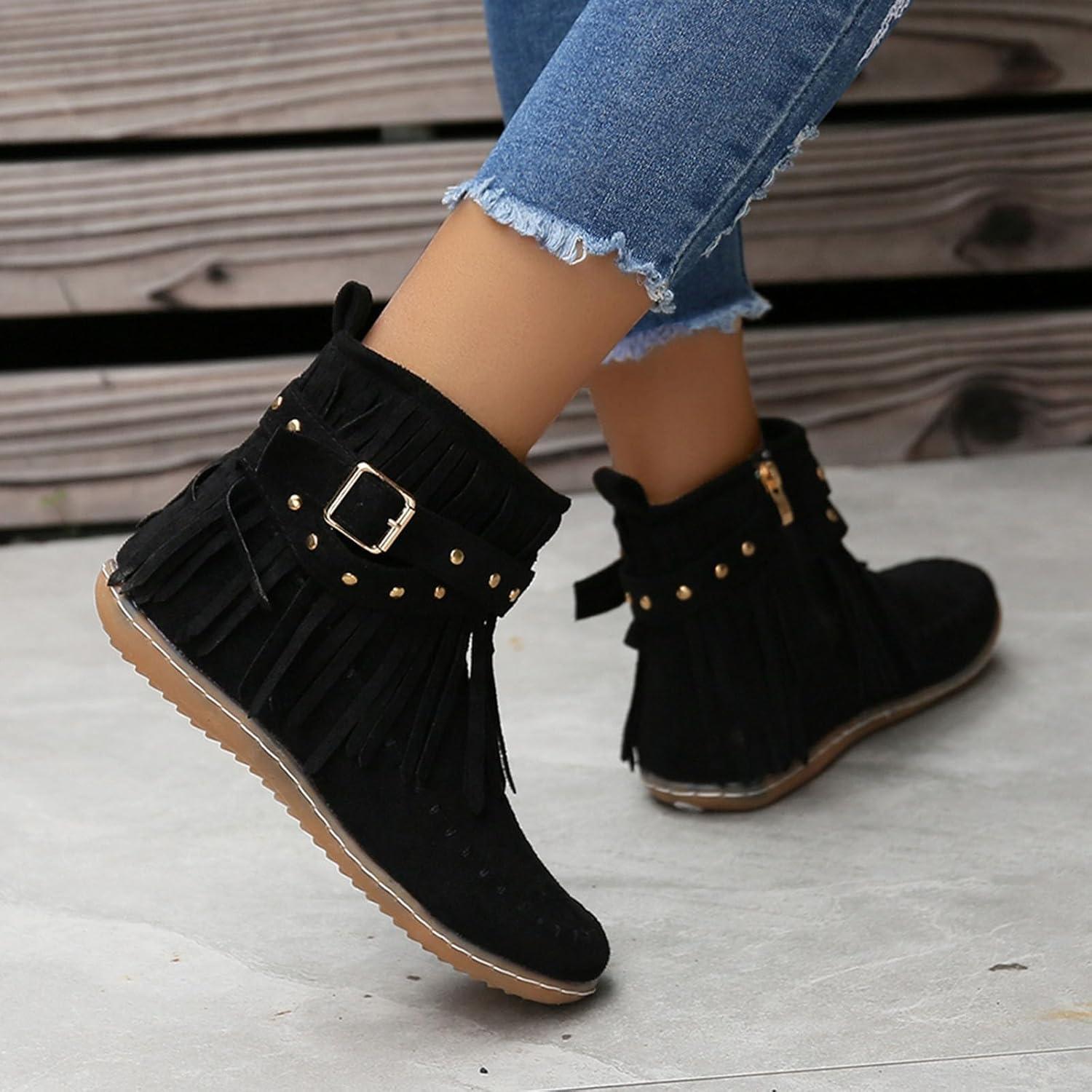 image:imageBottines dcontractes pour femme Style uni Avec franges Confortables Plates Cylindriques Rondes Grande taille Bottes western Bottines pour homme Noir JackNoir