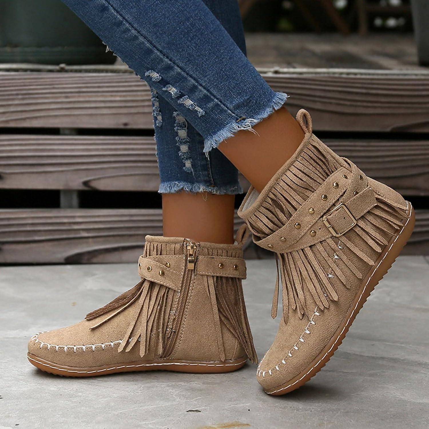 image:imageBottines dcontractes pour femme Style uni Avec franges Confortables Plates Cylindriques Rondes Grande taille Bottes western Bottines pour homme Noir JackBeige