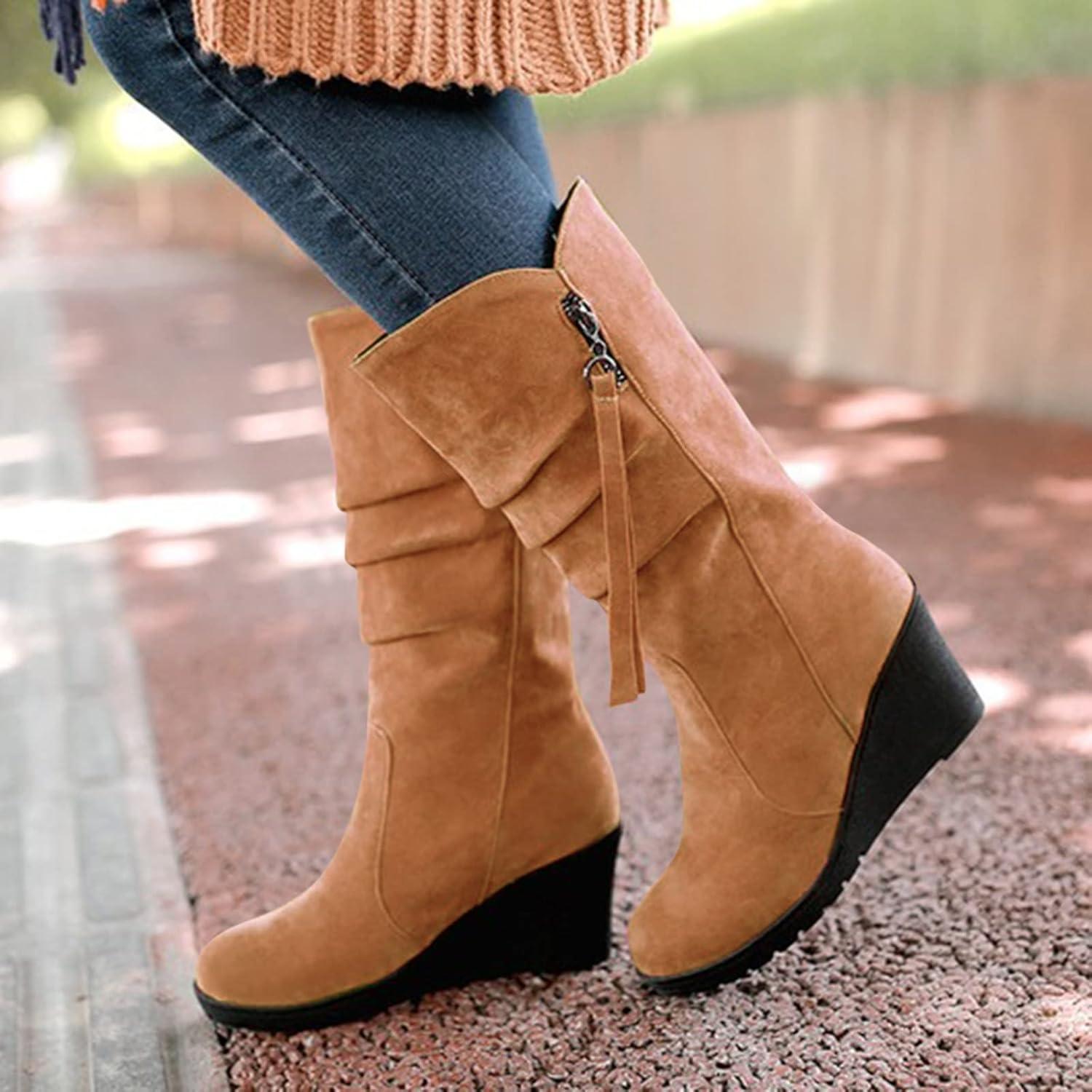 image:imageBottines en daim pour femme avec talon compens Bottes enfiler Bottes dhiver pointues Bottes basses lgantes Bottes courtes confortables talon Bottes western antidrapantesZ01 Marron