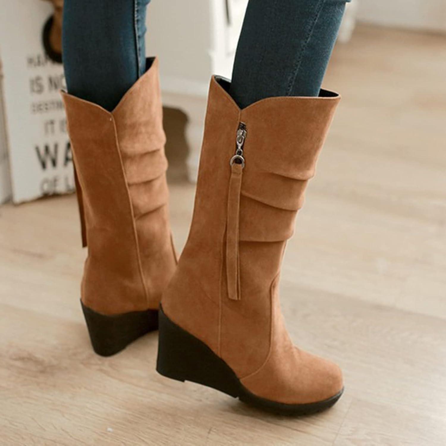 image:imageBottines en daim pour femme avec talon compens Bottes enfiler Bottes dhiver pointues Bottes basses lgantes Bottes courtes confortables talon Bottes western antidrapantesZ01 Marron