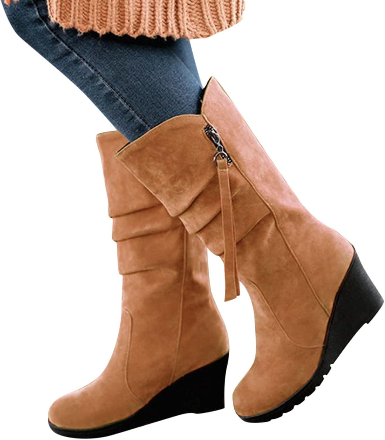 image:imageBottines en daim pour femme avec talon compens Bottes enfiler Bottes dhiver pointues Bottes basses lgantes Bottes courtes confortables talon Bottes western antidrapantesZ01 Marron