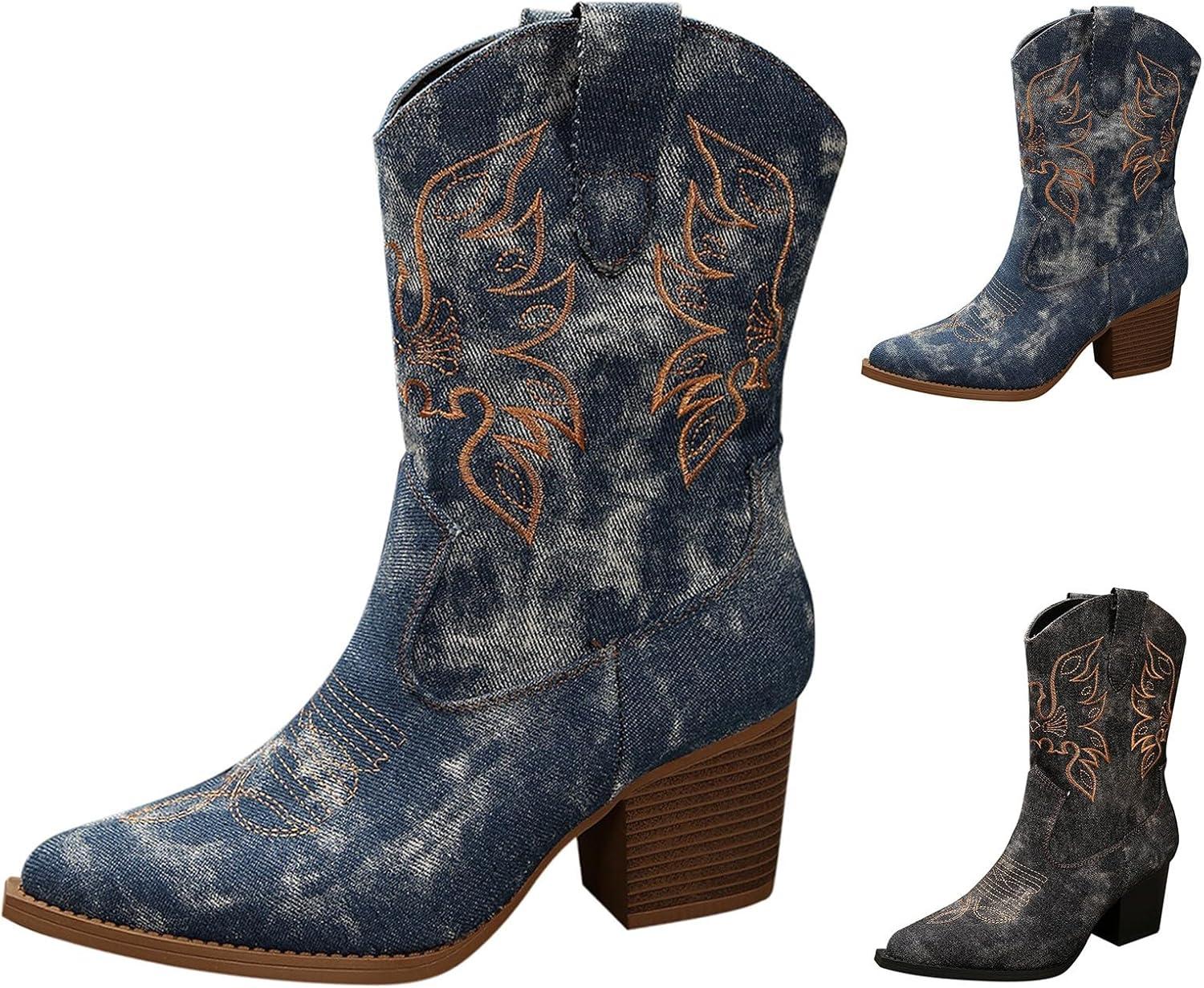 image:imageBottines pour femme Bout pointu Bottes de cowboy avec talon Grandes tailles Brodes Bottes en cuir Automne Hiver Bottes de cowboy antidrapantes Bottes courtes lgantes pour femmeBleu