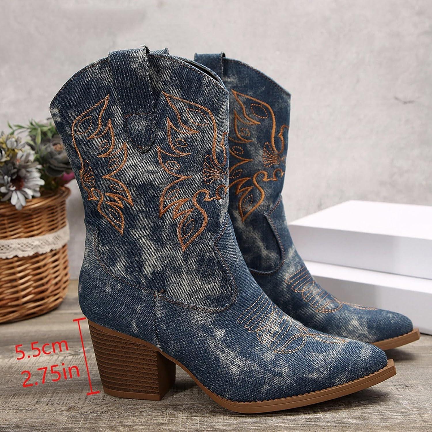 image:imageBottines pour femme Bout pointu Bottes de cowboy avec talon Grandes tailles Brodes Bottes en cuir Automne Hiver Bottes de cowboy antidrapantes Bottes courtes lgantes pour femmeBleu
