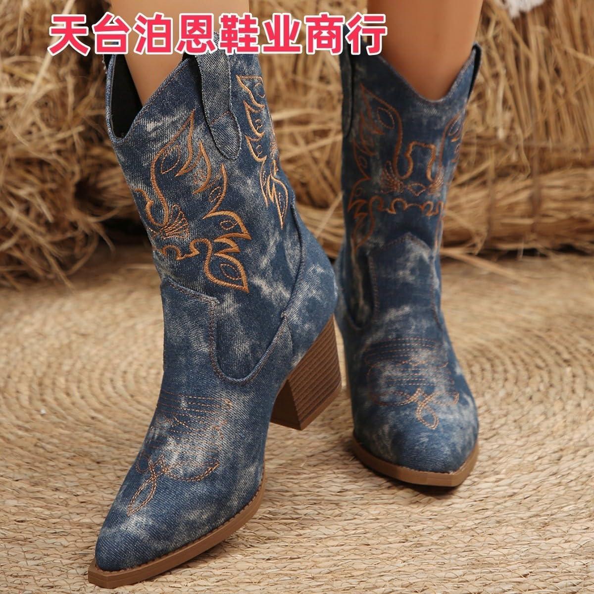 image:imageBottines pour femme Bout pointu Bottes de cowboy avec talon Grandes tailles Brodes Bottes en cuir Automne Hiver Bottes de cowboy antidrapantes Bottes courtes lgantes pour femmeBleu