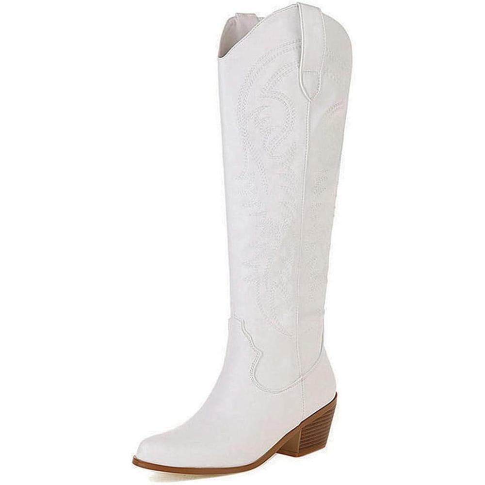 image:imageBottes Hautes Western brodes pour FemmesBottes Bout Pointu la Mode Bottes Tige Longue Talon paisBottes de CowGirl rtro Classique Papillon Talon MoyenWhite Blanc